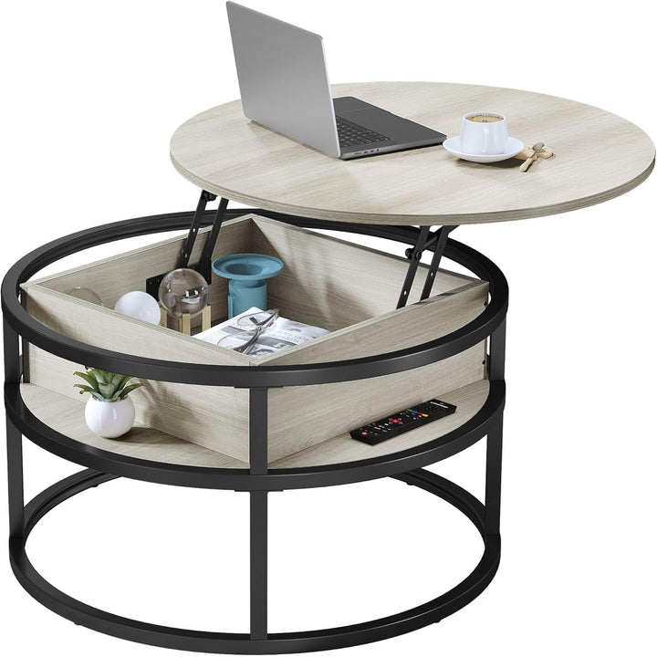 YITAHOME Couchtisch Rund mit Hebeplatte, Wohnzimmertisch mit verstecktem Ablagefach, Beistelltisch R