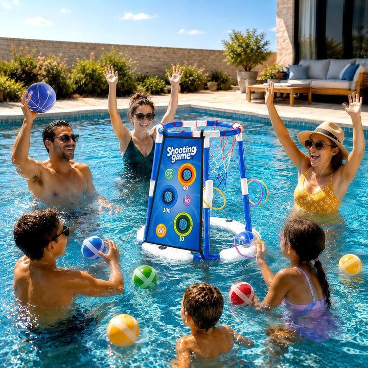 3-In-1 Pool Basketballkorb Outdoor, Schwimmender Basketballkorb, Pool Spielzeug Mit 4 Basketbälle,12