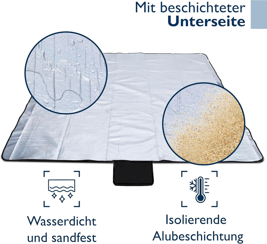 Beautissu XXL Picknickdecke Wasserdicht Isoliert Bella – Tragbare Stranddecke 200x200 cm kompakt – S