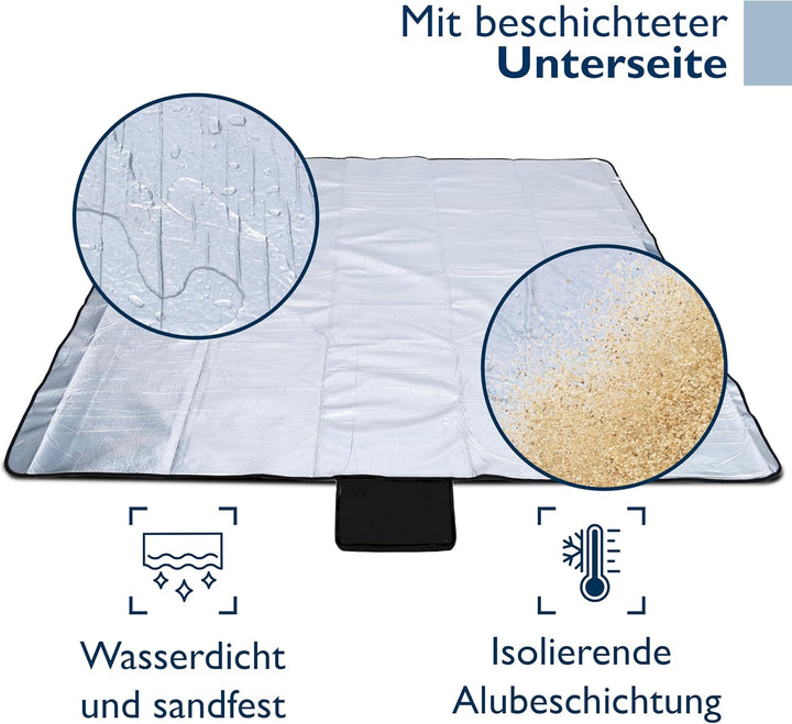 Beautissu XXL Picknickdecke Wasserdicht Isoliert Bella – Tragbare Stranddecke 200x200 cm kompakt – S