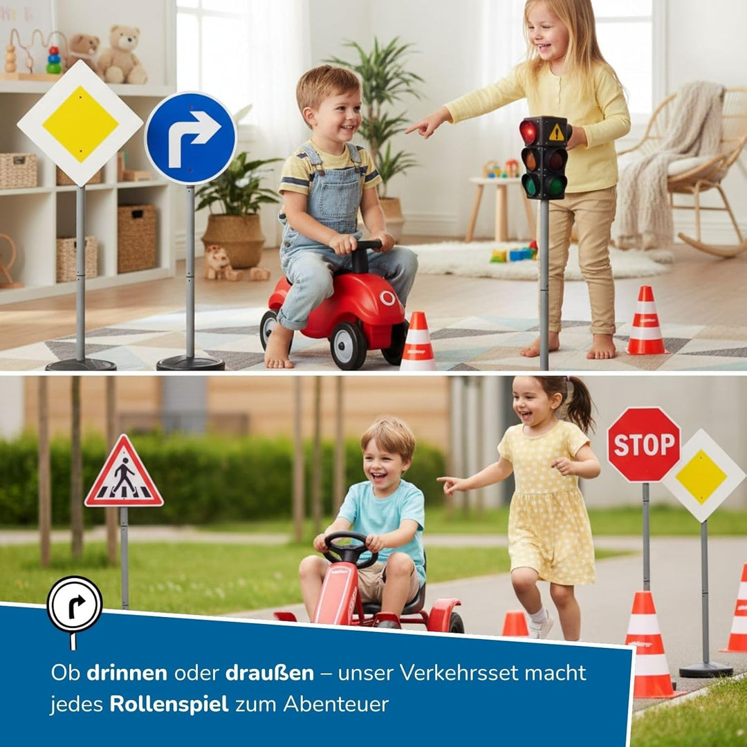alldoro 60230 XXL-Verkehrsset mit Ampel, 10 Verkehrszeichen und 4 Pylonen für Kinder, zum Spielen un