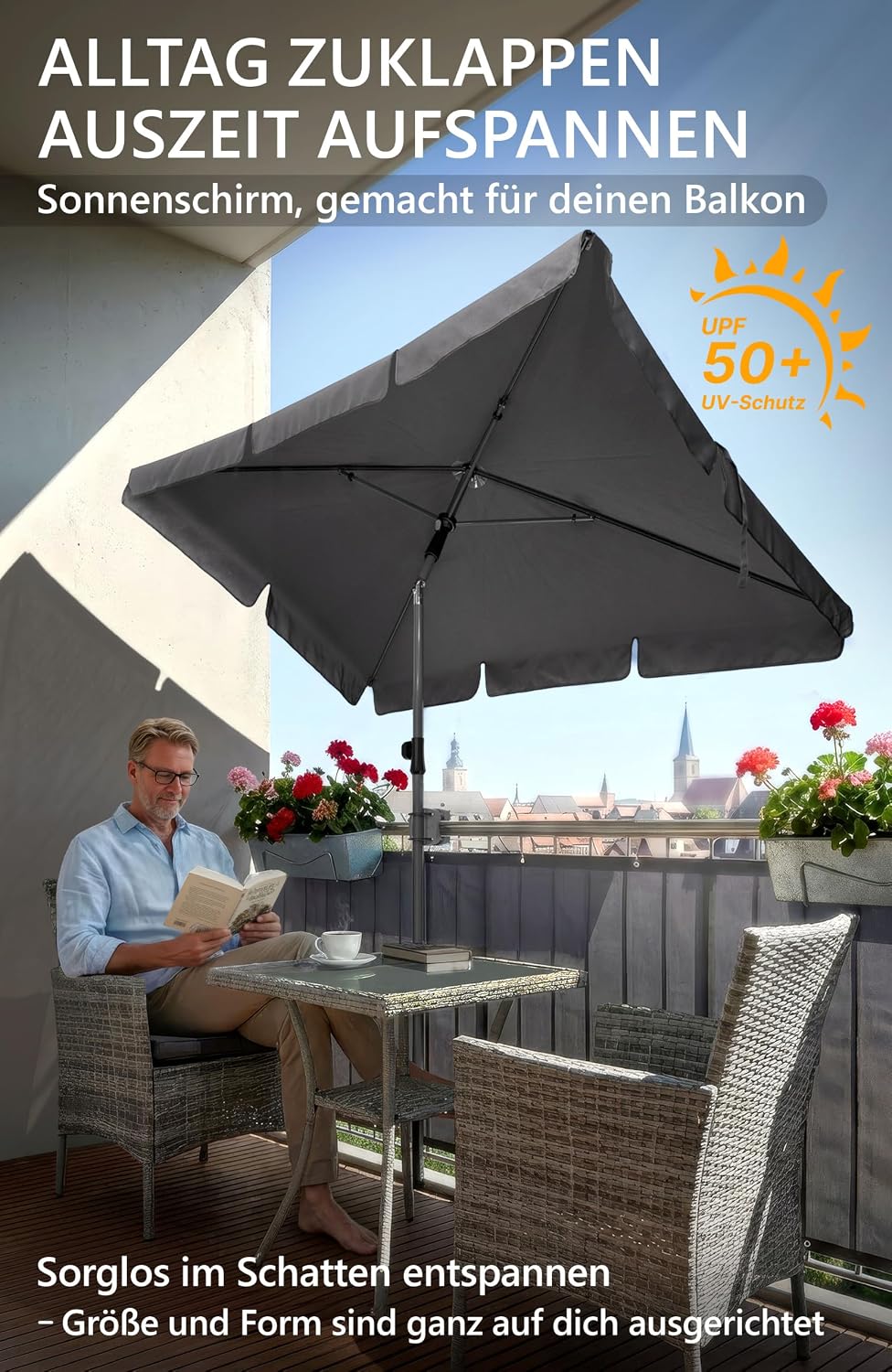 4smile Sonnenschirm Balkon in Anthrazit - Sonnenschirm rechteckig 200x125cm mit UV50+ Sonnenschutz |