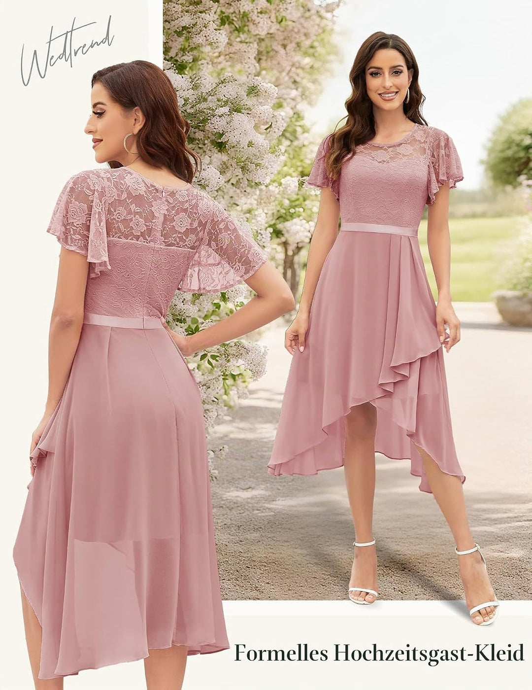 Wedtrend Abendkleid Damen Elegant Cocktailkleid High Low Ballkleider mit Spitzen A Linie für Hochzei