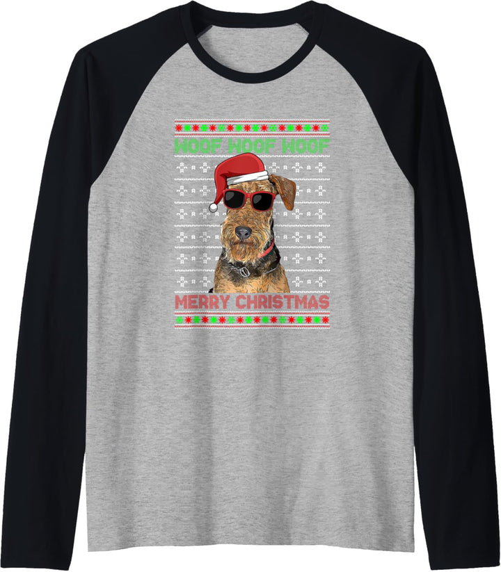 Airedale Terrier Hund Funny Woof Merry Christmas Raglan