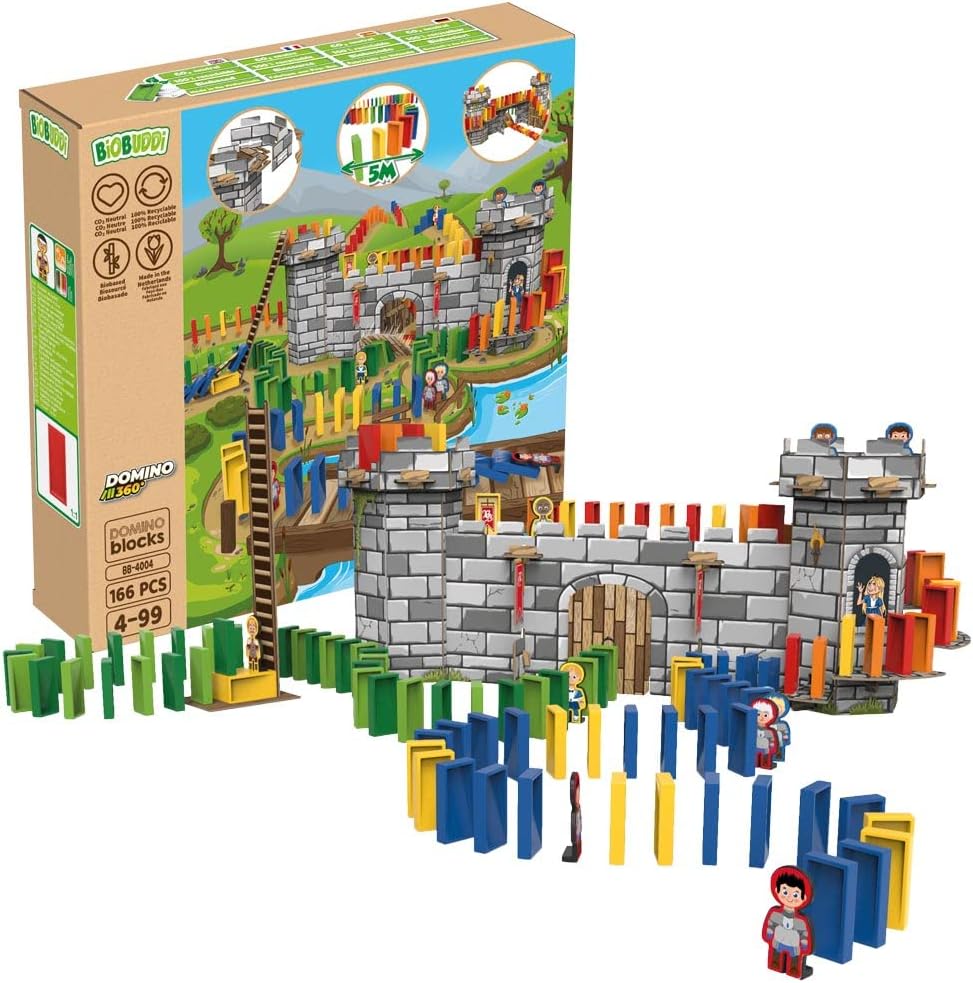 BIOBUDDI Domino in der Burg mit 10 Figuren, 166 Teile, klimaneutral hergestellt in EU (Niederlande),