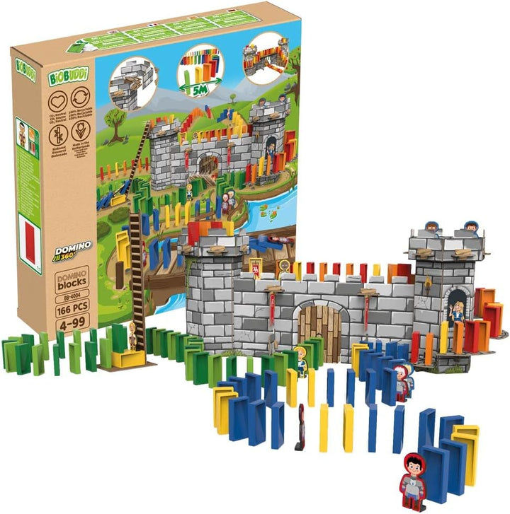 BIOBUDDI Domino in der Burg mit 10 Figuren, 166 Teile, klimaneutral hergestellt in EU (Niederlande),