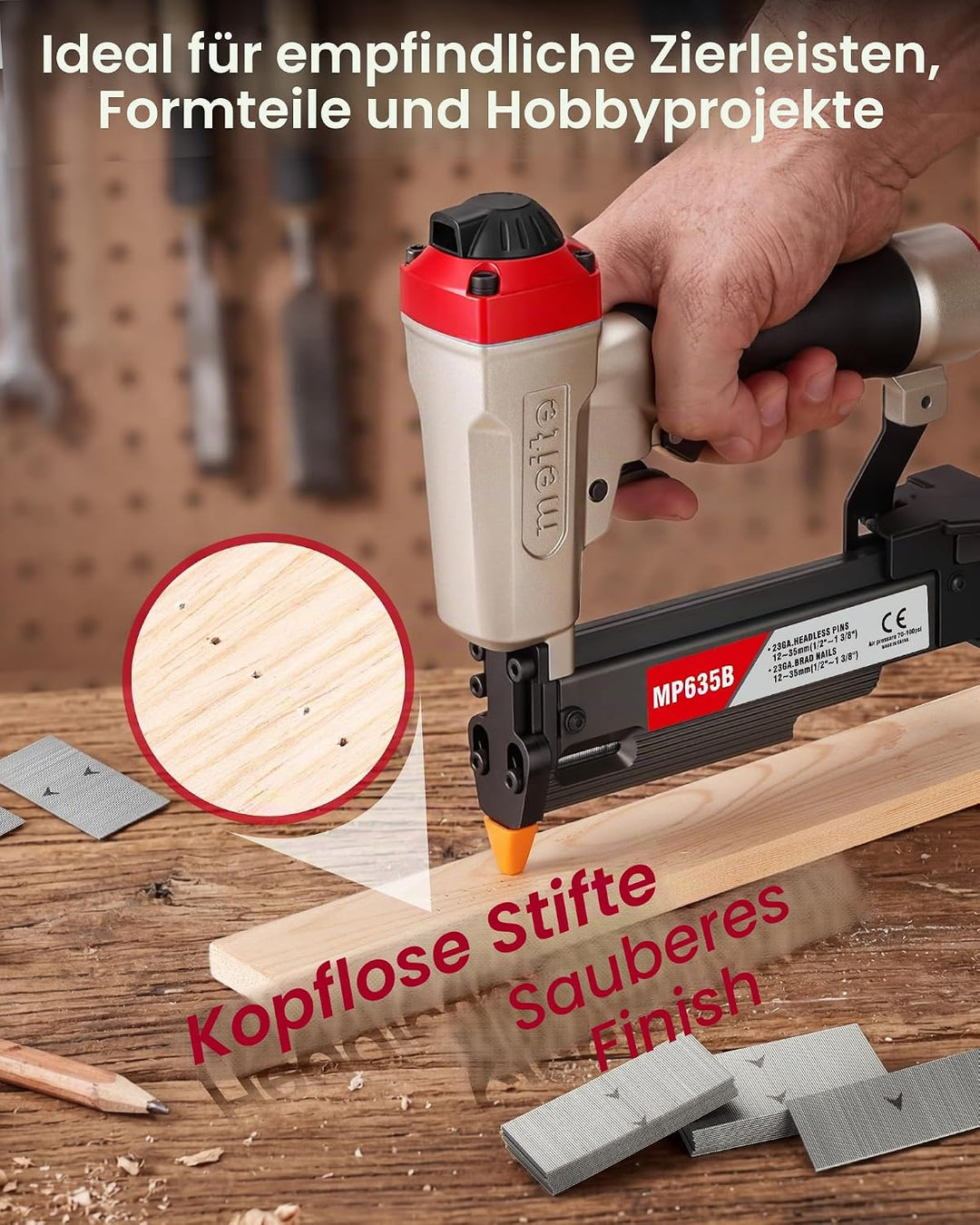 meite MP635B 23-Gauge Stiftnagler mit 10.000 Stück 25 mm Stiftnägel, kompakte pneumatische Pin-Nagle