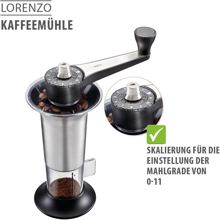 GEFU Kaffeemühle LORENZO | Manuelle Kaffeemühle mit Keramikmahlwerk, 11 Mahlstufen &amp; Aromadeckel | F