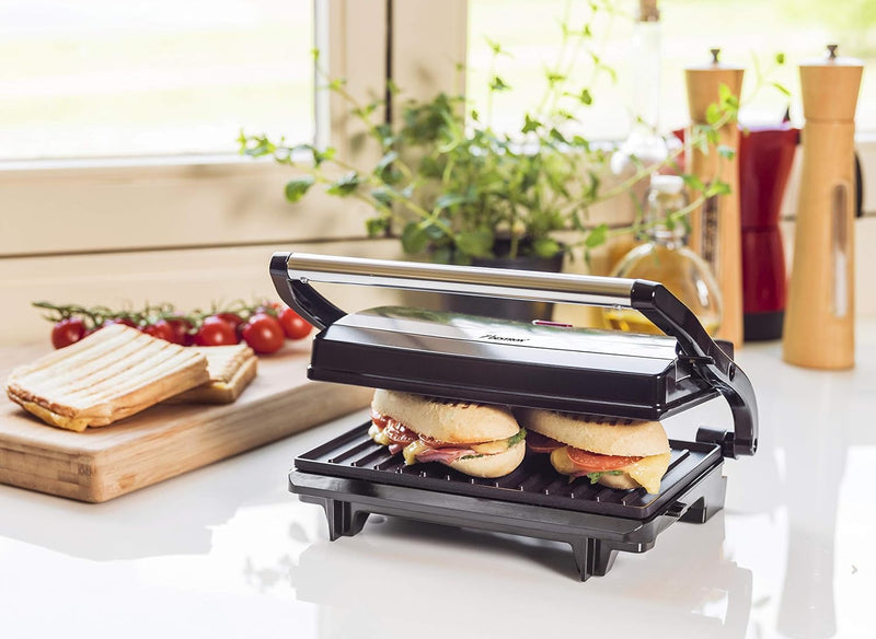 Bestron elektrischer Kontaktgrill mit Auffangschale, Sandwichmaker mit Cool-Touch-Handgriff, Paninim