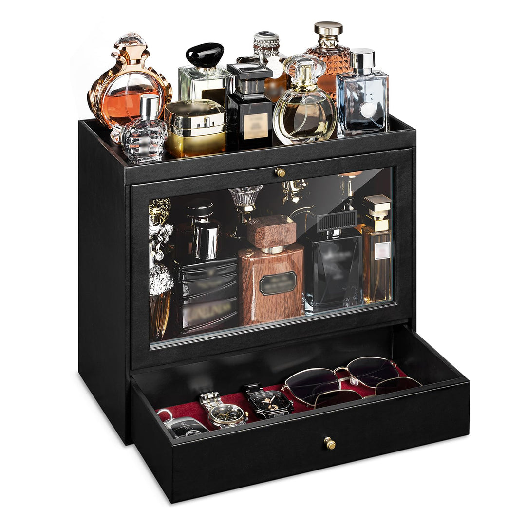 Parfüm Organizer, Leder Herren Parfüm Ständer mit Schublade, Parfüm Regal mit Transparent Sichtbarer