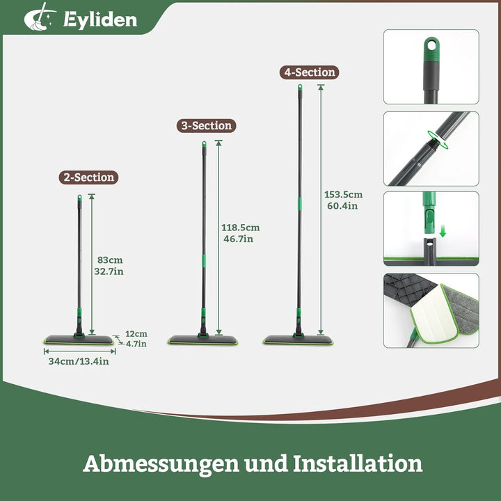 Eyliden Wischmopp Bodenwischer für alle Böden - 153CM Verstellbarer Flachmopp mit 4 waschbaren Bezüg