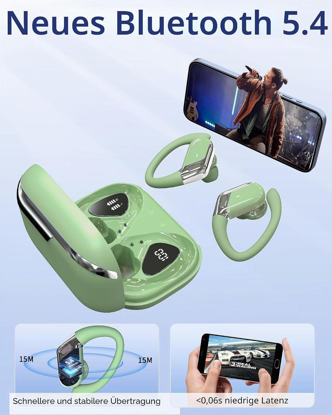 Rolosar 2026 Bluetooth Kopfhörer, Kopfhörer Kabellos Bluetooth 5.4 Sport In Ear Kopfhörer mit 4 ENC