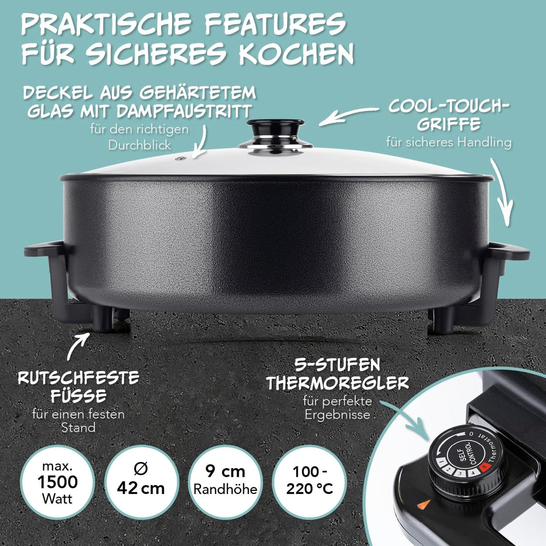 GOURMETmaxx elektrische Pizza-Pfanne mit Thermostat, Glasdeckel & Antihaftbeschichtung | Multifunkti