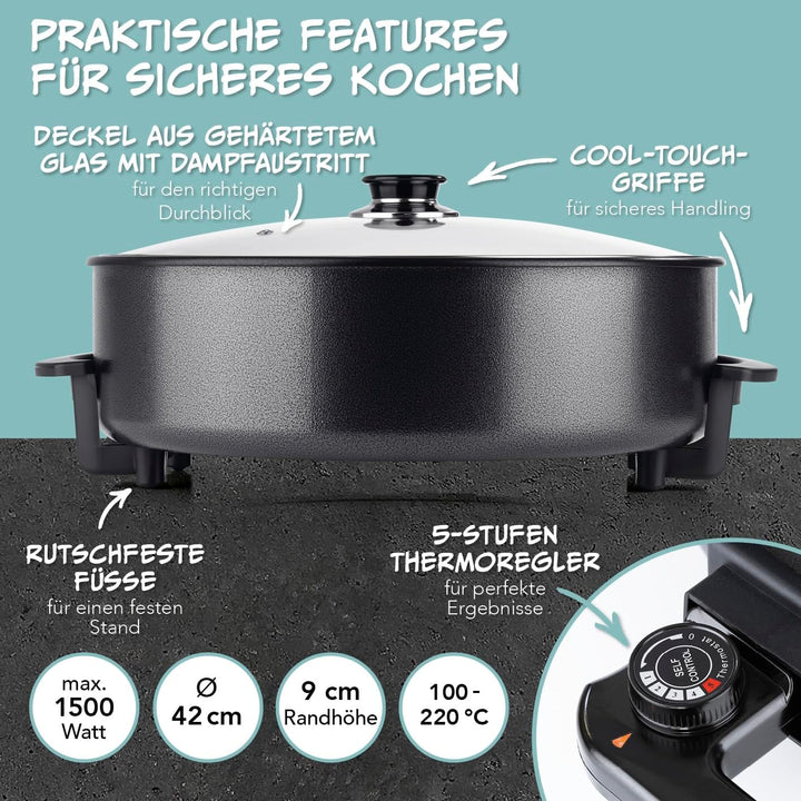 GOURMETmaxx elektrische Pizza-Pfanne mit Thermostat, Glasdeckel & Antihaftbeschichtung | Multifunkti