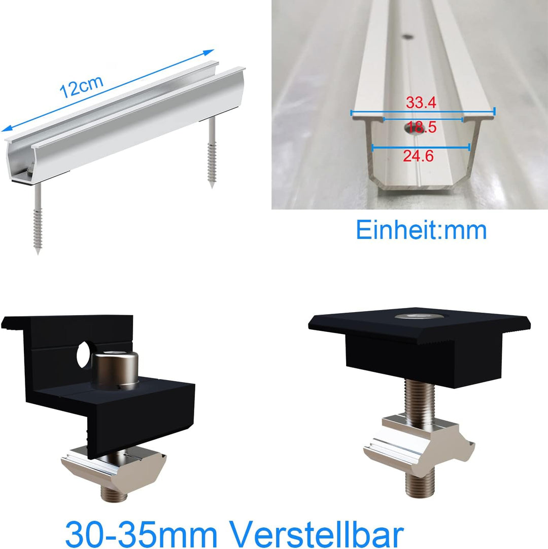 Solarmodul Halterung Kit 12cm und Zubehör Schwarz Eloxiert 30-35mm Verstellbar,Halterung für Solarmo