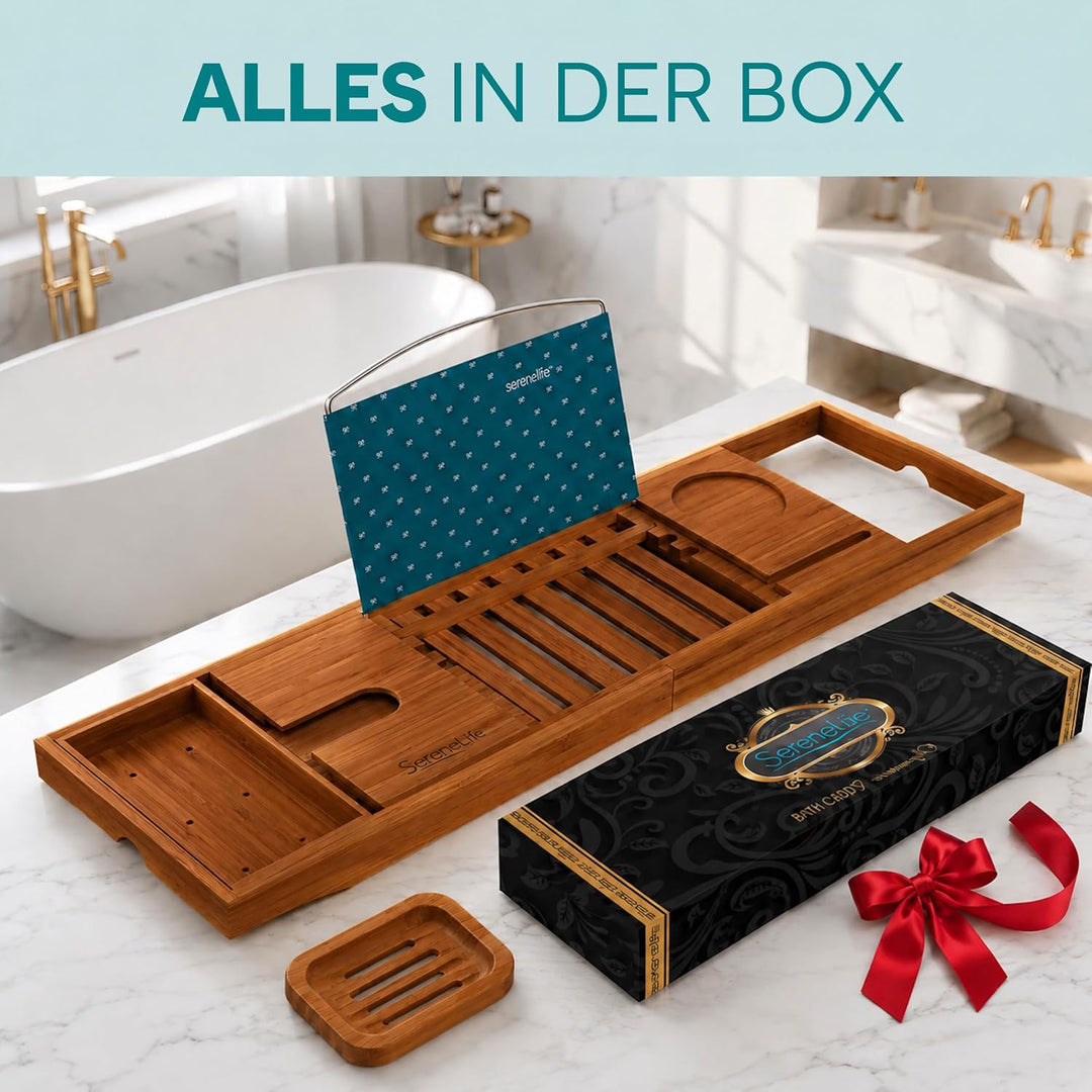 SereneLife Badewannenablage aus natürlichem Bambus, ausziehbares Badewannenbrett, Ablage Badewanne E
