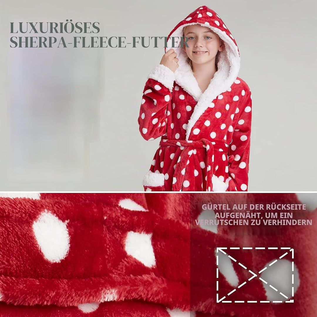 CityComfort Bademantel Kinder Mädchen, Fleece Morgenmantel Kinder Dressing Gown mit Punkten 11-12 Ja