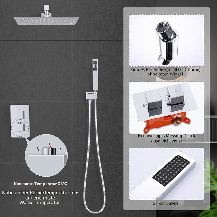 HOMELODY Regendusche Duschsystem mit Thermostat Unterputz Duscharmatur Eckig, Duschamaturenset Chrom