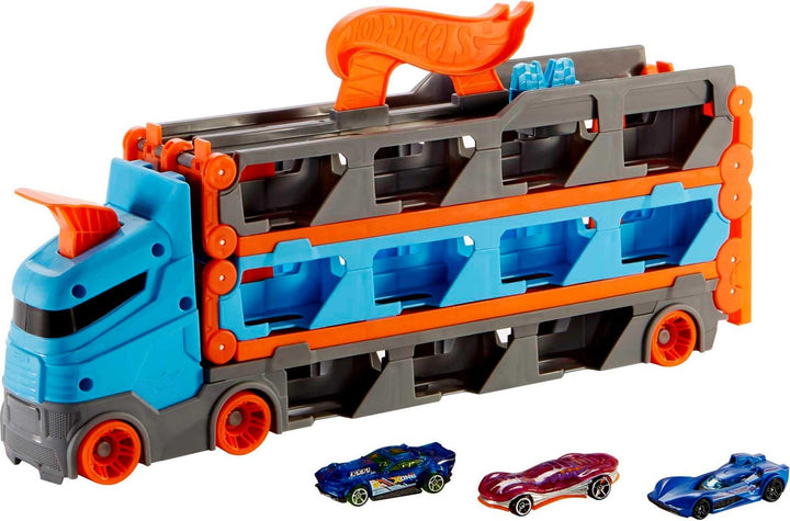 Hot Wheels 2:1 Autorennbahn zu Transporter, inkl. 3 Spielzeugautos, mit Doppelstarter, Auslösefunkti