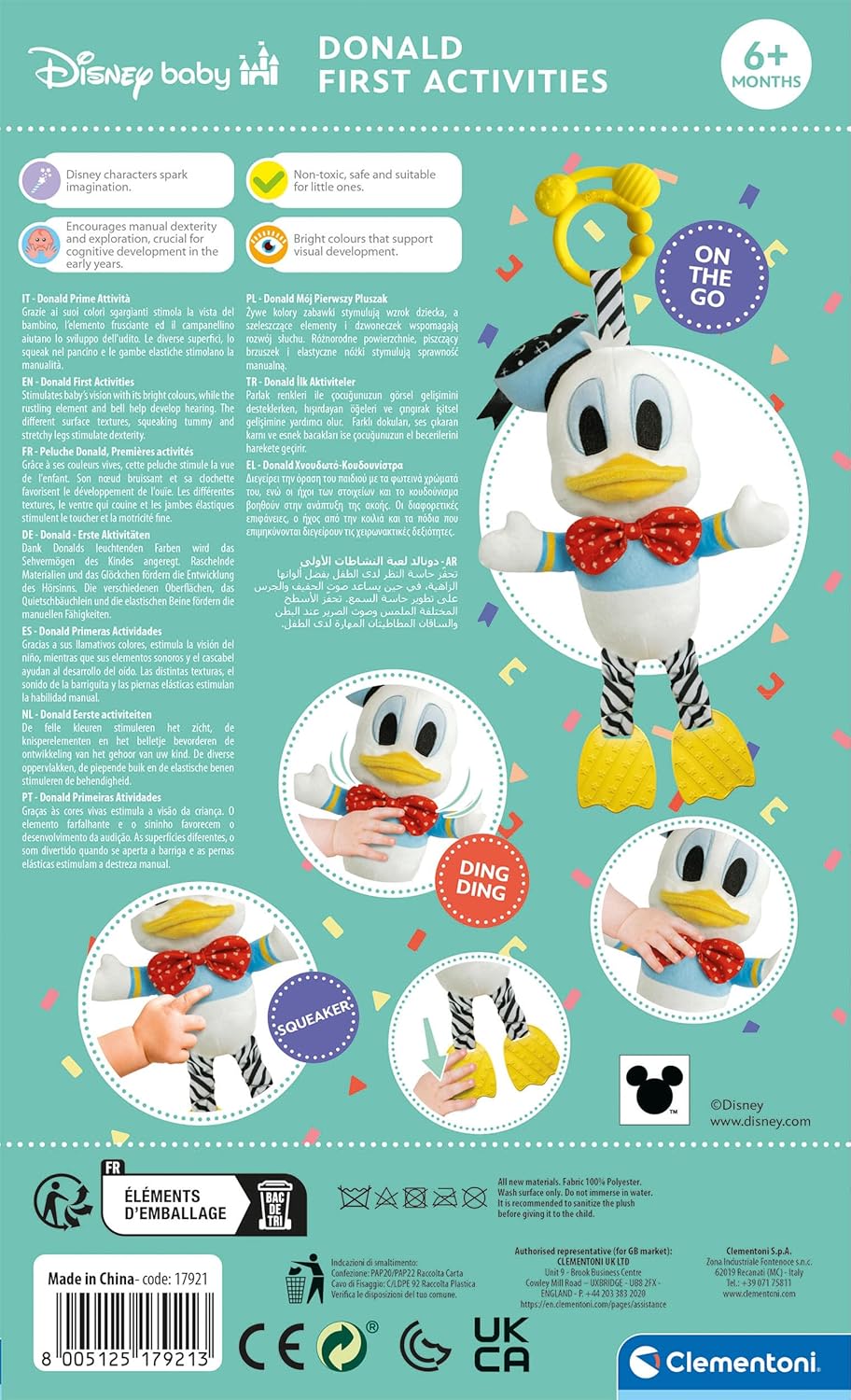 Clementoni Disney Baby Donald - Erste Aktivitäten Plüsch, Interaktives Kuscheltier mit Rassel, Quiet