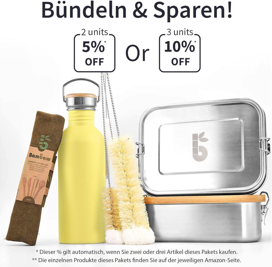 Bambaw Trinkflasche Edelstahl 750ml, Nicht-isolierte Gelbe Trinkflasche, Trinkflaschen Spülmaschinen