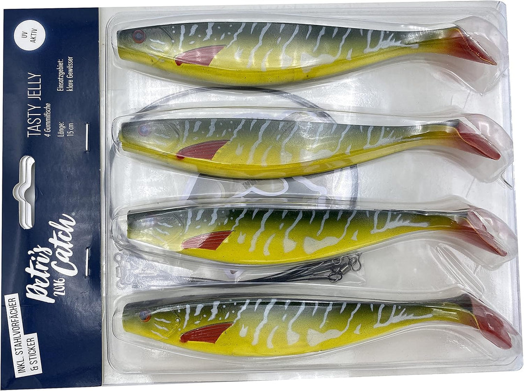 Petri's Catch 2016 PetrisCatch 4er Gummifisch Set + 4 Stahlvorfächer, 15cm, UV aktiv, Hecht, Zander