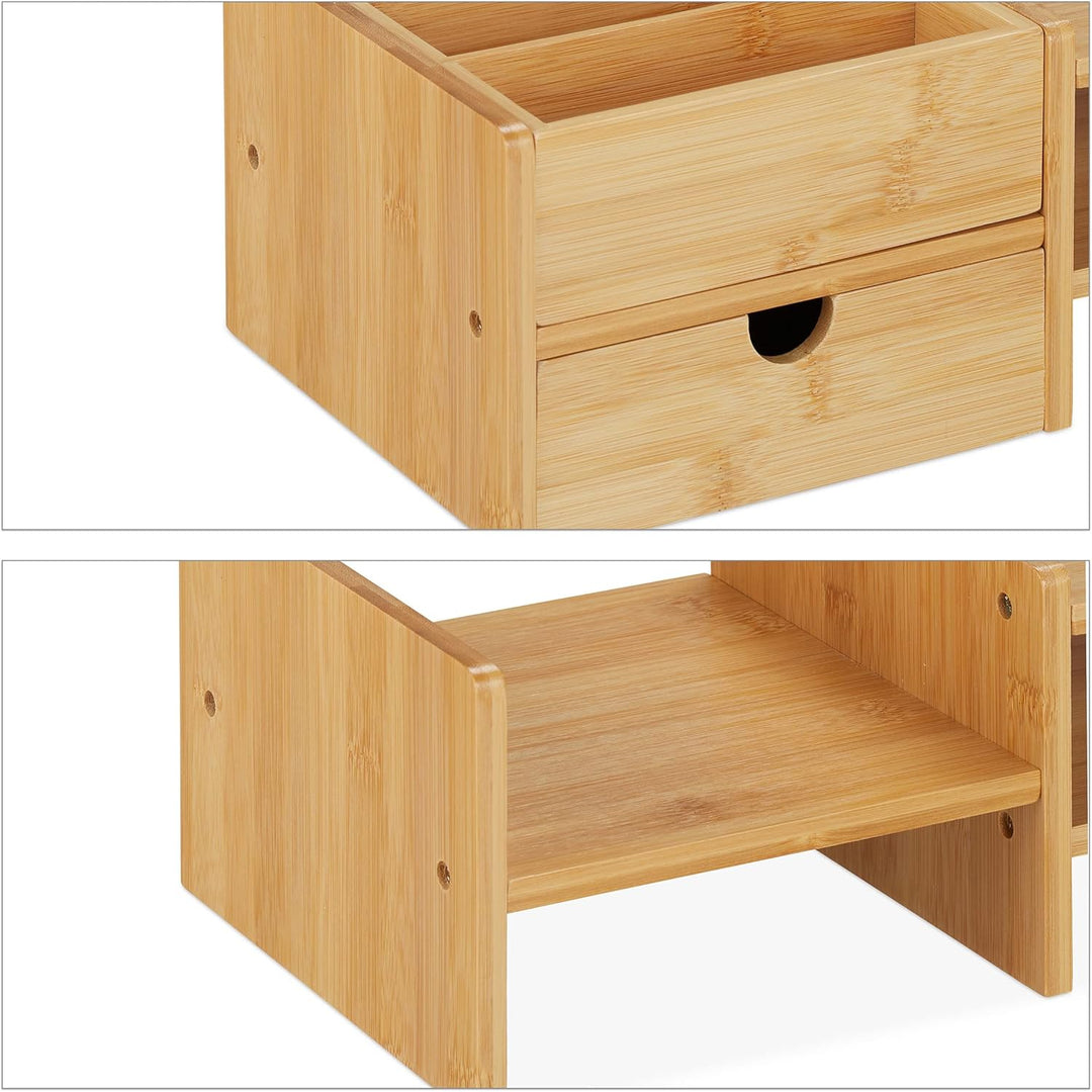 Relaxdays Monitorständer, Bambus, Schublade &amp; 5 Fächer, HxBxT: 13 x 70 x 19 cm, Bildschirmständer Sc
