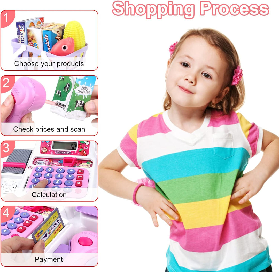 deAO Spielkasse Kinderkasse mit Licht und Sound, Spielzeug Kasse mit Scanner, Spielgeld, Spielzeugle