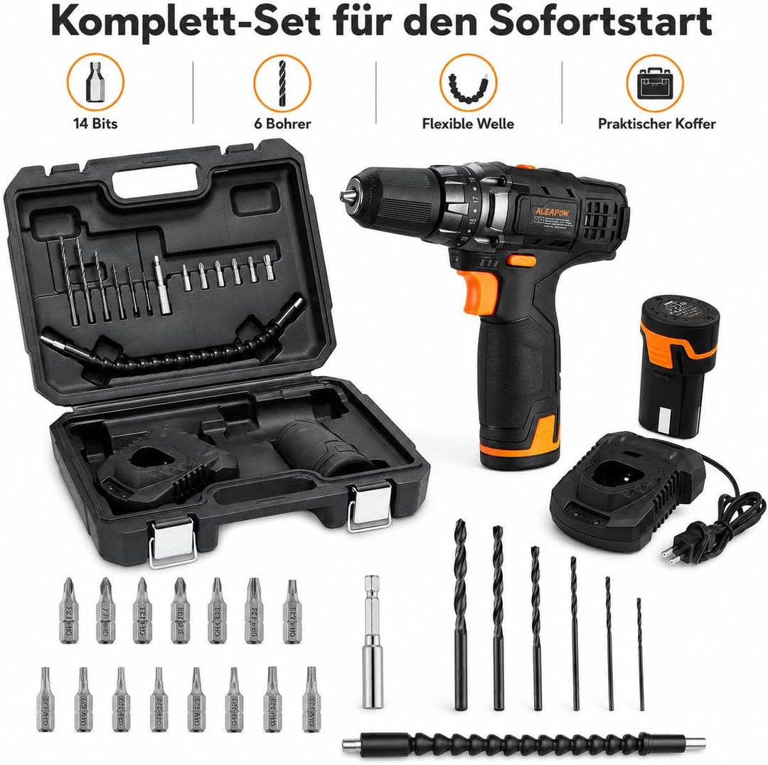 Akku-Bohrschrauber mit hoher Leistung, zwei Gängen, umfangreichem Zubehörset, LED-Licht, Schnelllade