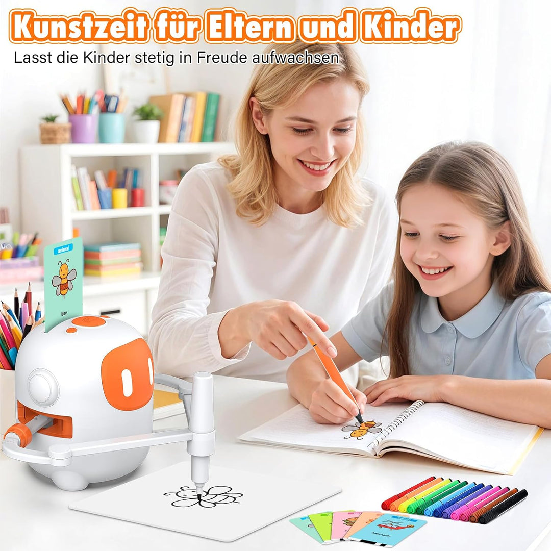 Zeichenroboter für Kinder mit 100 Karten und 12 Stiften, Sprechender Malroboter mit Sprachsteuerung,