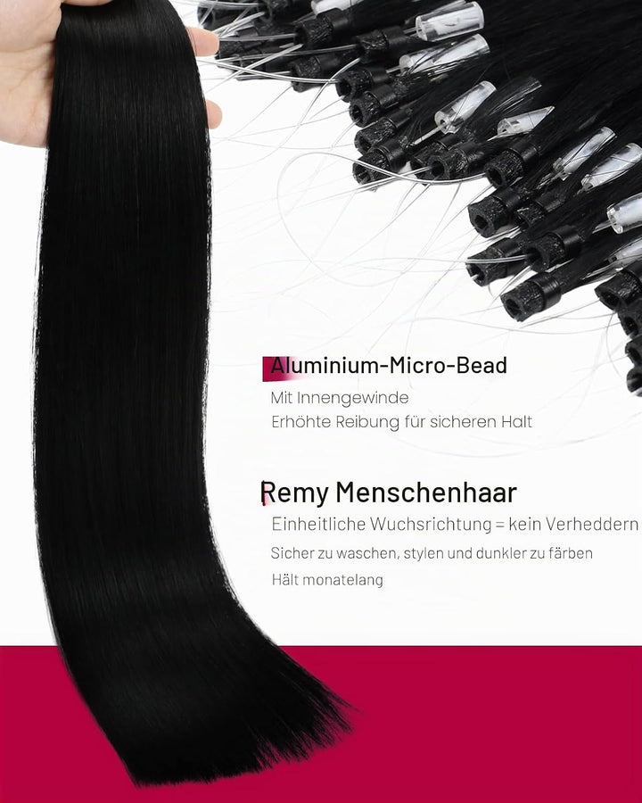 Moresoo Microring Extensions Echthaar Schwarz 1g/s 35cm Remy Extensions Echthaar mit Microrings Cold