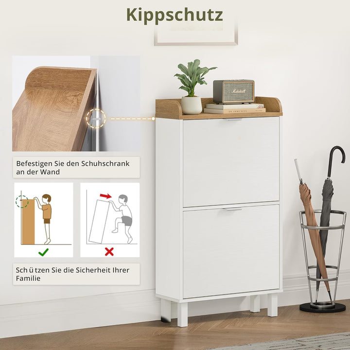 LUE BONA Schuhschrank schmal, Schuhschrank mit 2 Flip-Klappen, Schuhkipper mit Holzfüssen, Schuhrega