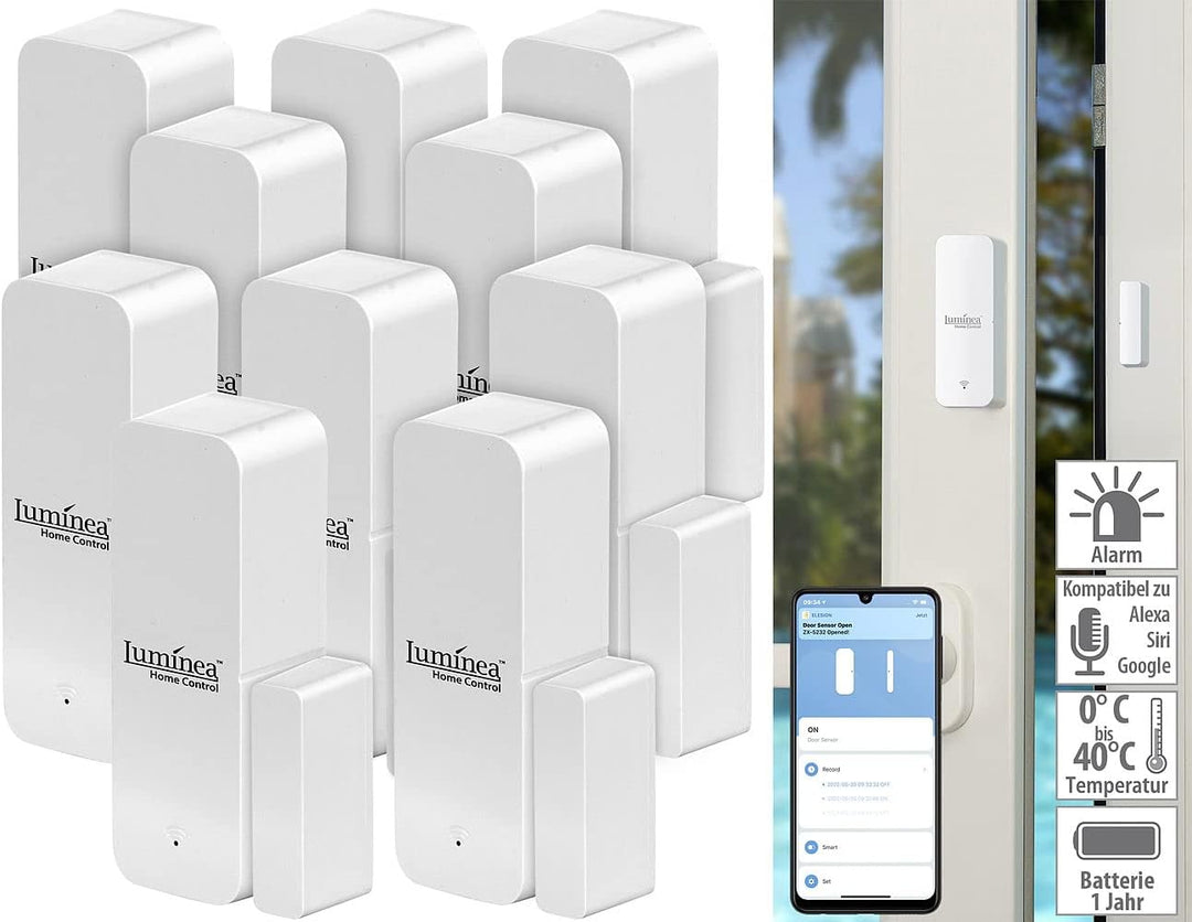 Luminea Home Control Fensterkontakt: 10er-Set ZigBee-Tür- & Fensteralarme, Alexa, Google Assist., Si