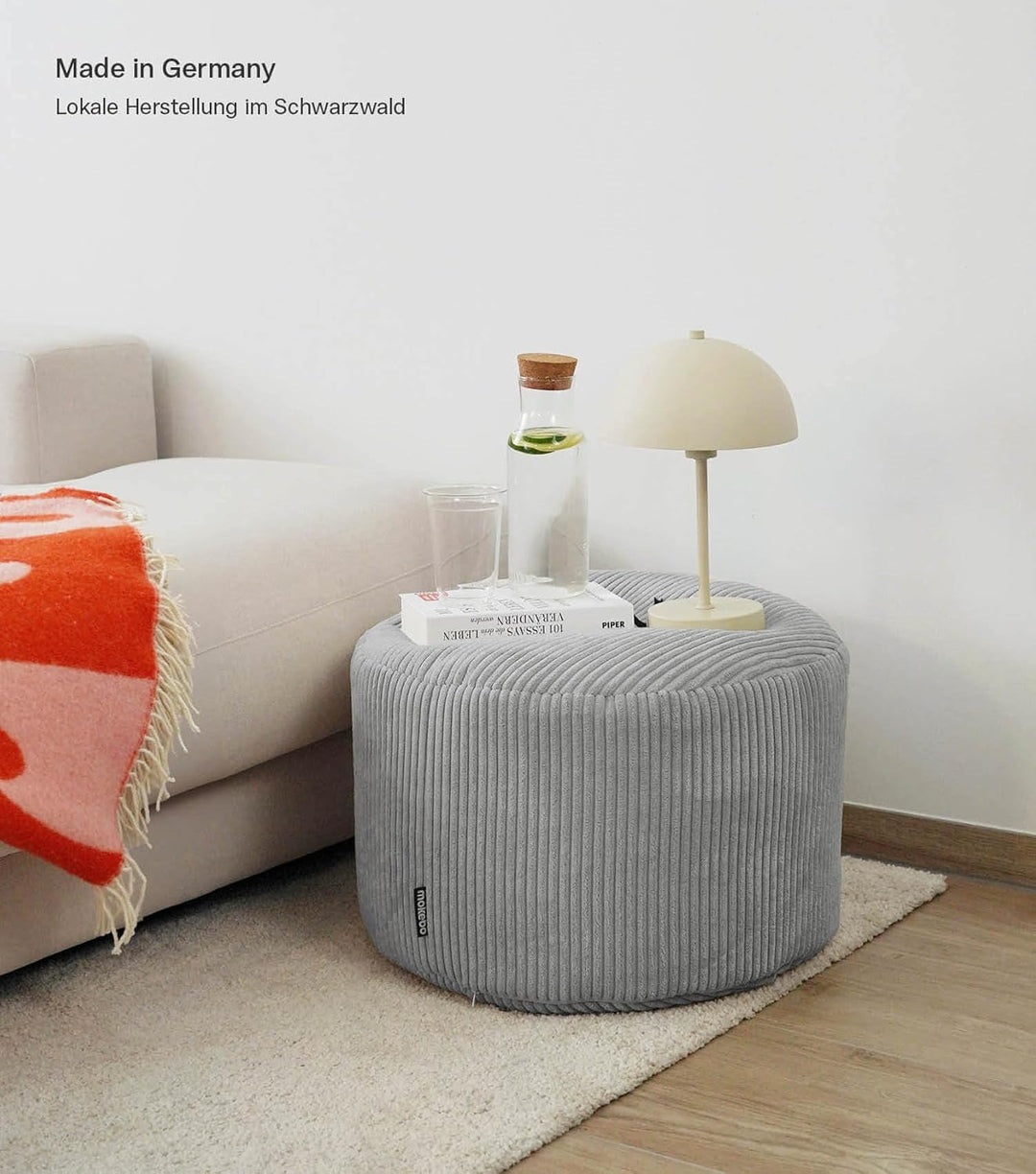 mokebo® Pouf, Hocker o. Sitzhocker aus Cord 30x50 cm 'Der Faule Lenz', Bodenkissen in Grau, Fusshock