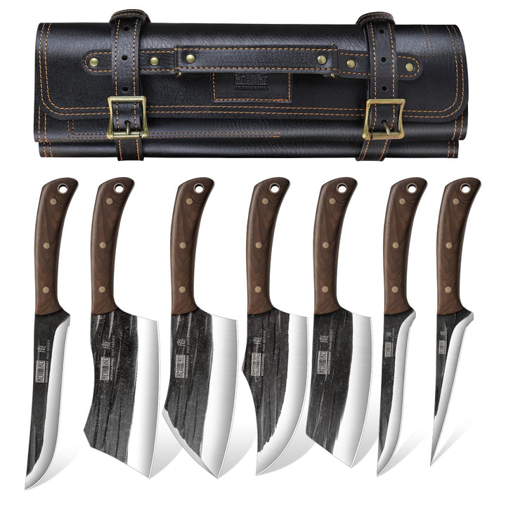 HOSHANHO Metzgermesser Set, Handgeschmiedetes Metzger Küchenmesser Set mit Messertasche, Scharfes Fl
