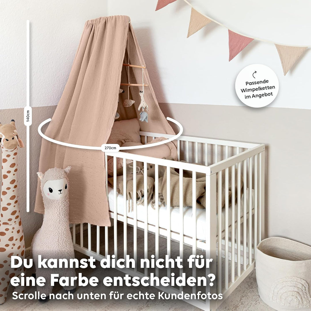 Betthimmel Babybett mit Goldapplikationen [in 12 Farben] Himmel Babybett aus 100% Baumwolle Musselin