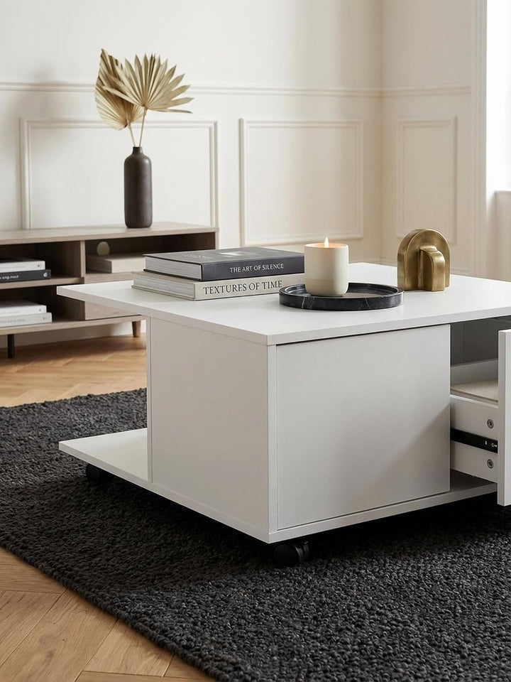 Couchtisch RAPIDO: 70x70x36,5 cm, 2 Schubladen, Rollen, Melaminharzbeschichtung, Weiss/Anthrazit Far
