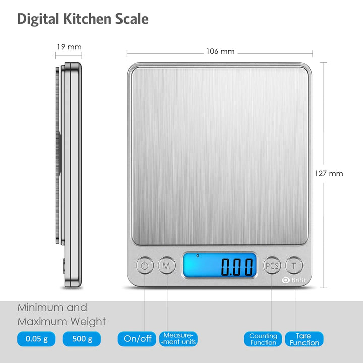 Brifit Feinwaage, Digitalwaage 500g, Taschenwaage, Briefwaage, Grammwaage, mit EIN 100g Edelstahl Ka