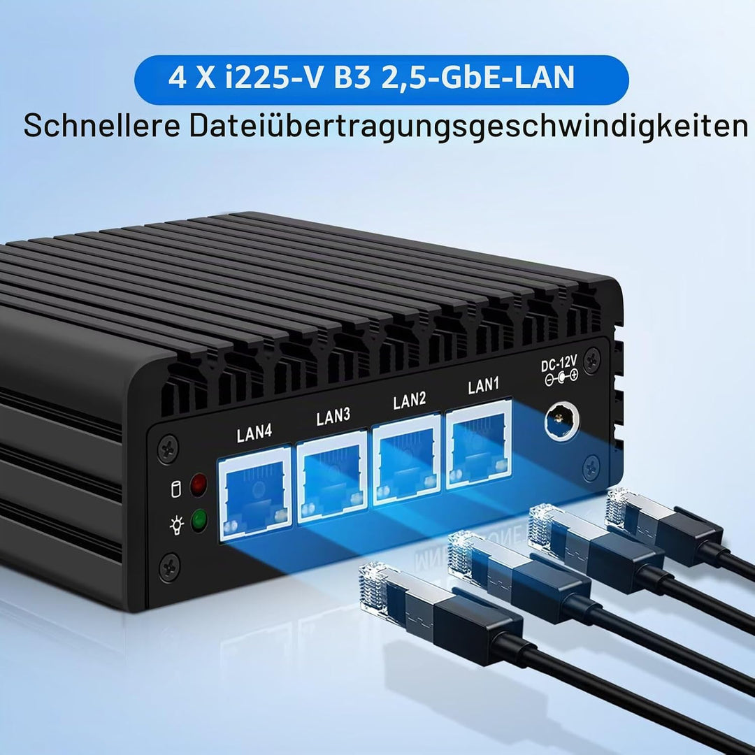 Micro Firewall Appliance, Fanless Mini PC J3710 4C/4T, 4X 2.5 GbE i225-V LAN,AES-NI,DDR3 8GB SSD 128