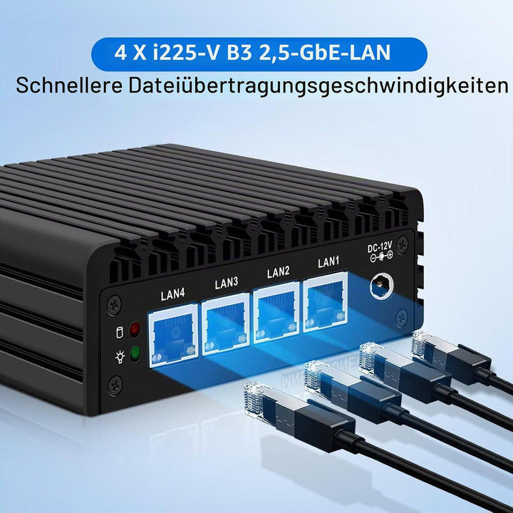 Micro Firewall Appliance, Fanless Mini PC J3710 4C/4T, 4X 2.5 GbE i225-V LAN,AES-NI,DDR3 8GB SSD 128