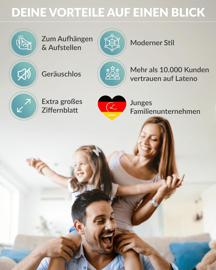 LATENO - Wanduhr ohne Tickgeräusche - Analoge Wanduhr 20 cm zum Aufhängen & Hinstellen - Wanduhr lau