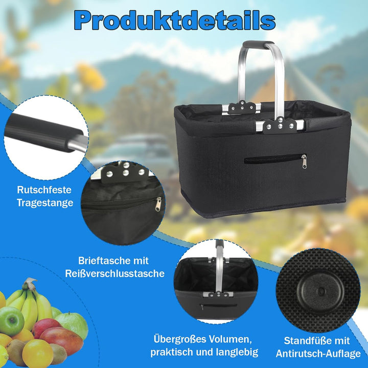 Faltbarer Einkaufskorb 25L, Klappkorb mit Gepolsterten Griffen und Reissverschlusstasche, praktische