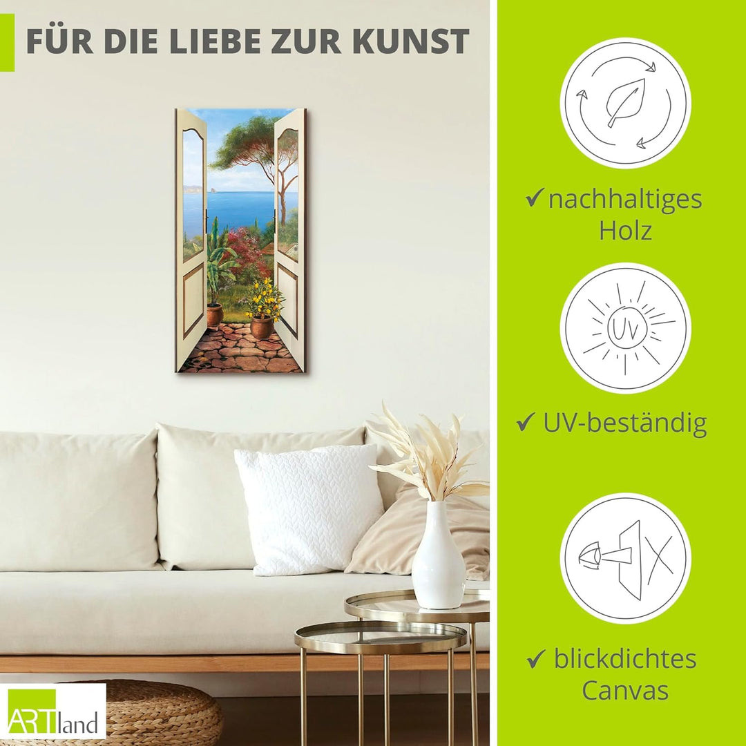 ARTLAND Wanddeko Leinwand Bilder Wandbild Fensterblick Garten Meer Landschaft Küste Natur Meerblick