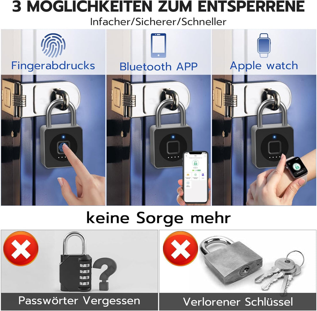 Eseesmart Vorhängeschloss Fingerabdruck, Fingerabdruck Schloss mit Bluetooth, USB Wiederaufladbar Vo