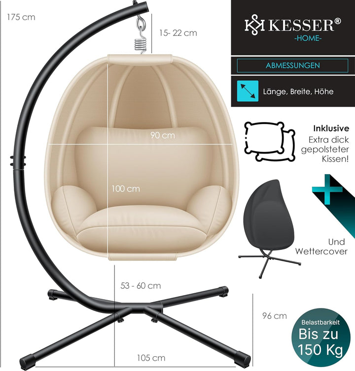 KESSER® Luxe Hängesessel mit Gestell + weiches Sitzkissen und Abdeckung, Seitenpolsterung, Rückenkis