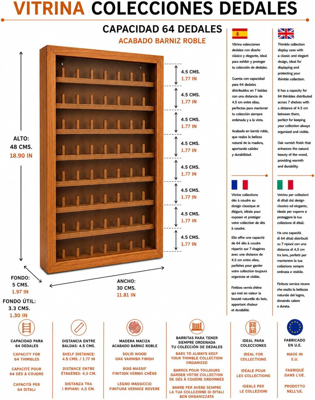 Vitrine Fingerhut-Kollektion, Eichenlack, verschiedene Grössen, 64 Fingerhüte 64 DEDALES, 64 DEDALES