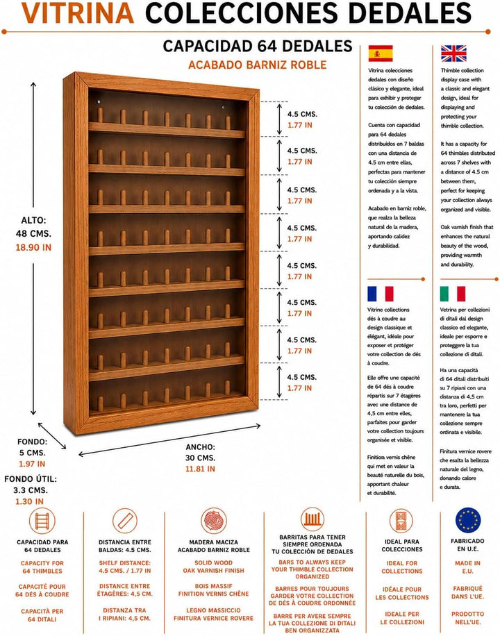 Vitrine Fingerhut-Kollektion, Eichenlack, verschiedene Grössen, 64 Fingerhüte 64 DEDALES, 64 DEDALES