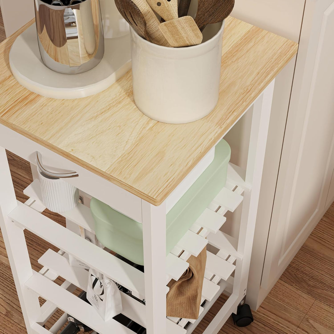 [en.casa] Servierwagen Biel Weiss/Holzfarben 76 x 37 x 37 cm Küchenwagen mit Schublade und 3 Ablagen