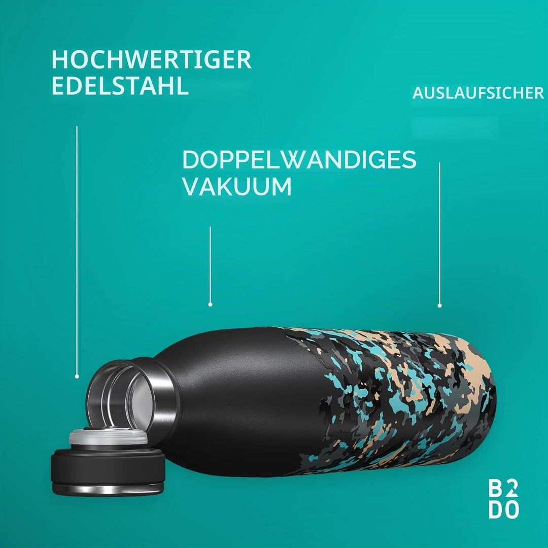 Trinkflasche Edelstahl 750ml Schwarz Grün | Wiederverwendbare Vakuum Metall Thermoskanne Wasserflasc