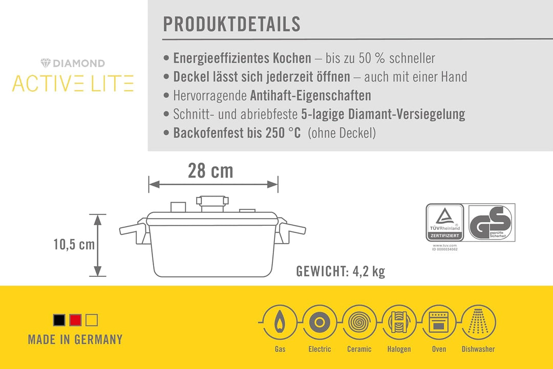 Woll Active Lite Kasserolle mit Active-Lite-Deckel, Ø 28 cm, 10,5 cm hoch, 5.5 Liter, mit 2 Seitengr